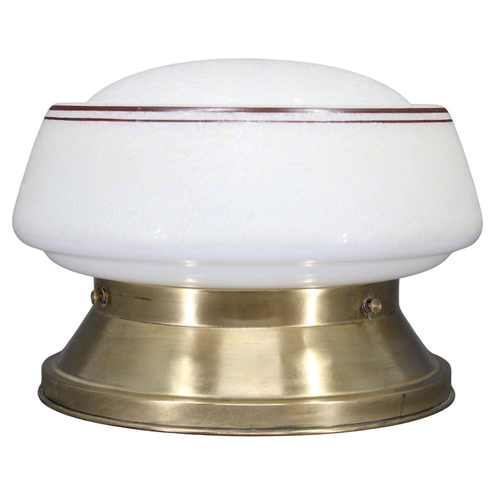 1930s Art Deco brass ceiling light with opaline glass shade, Czechoslovakia, Res