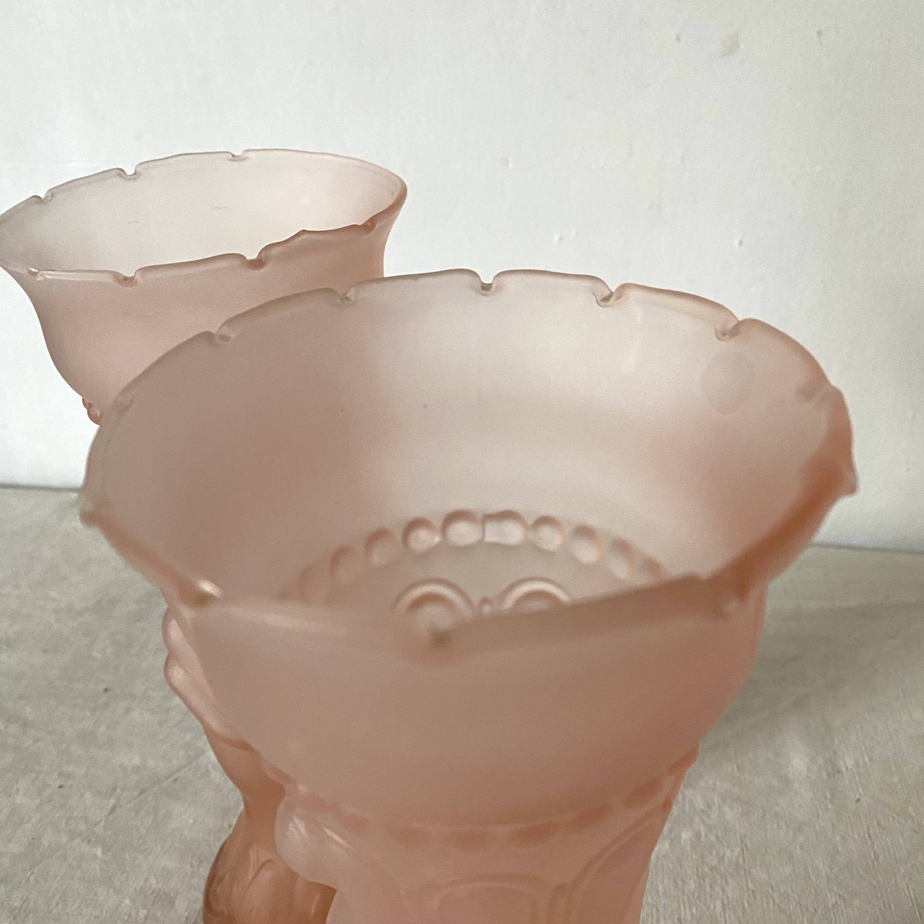 Pair of pink frosted glass torch vases, handmade, art deco