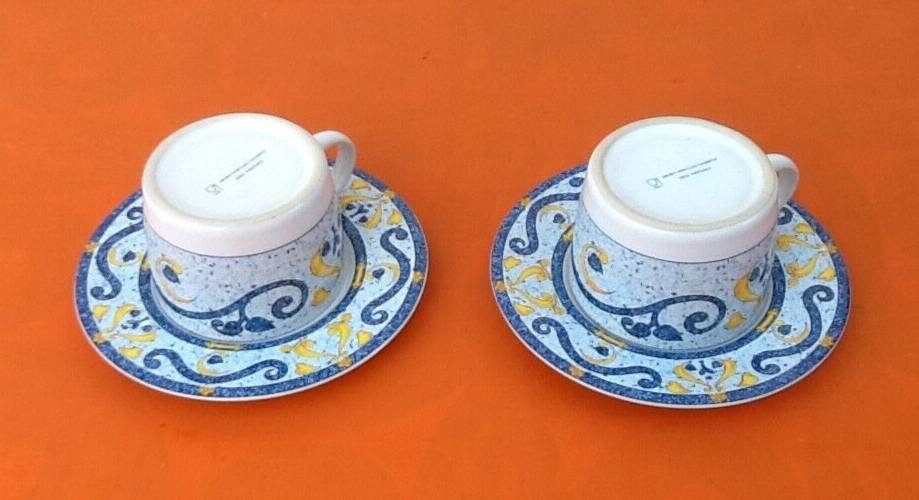 Two Real Stoneware Coffee Cups / Saucers