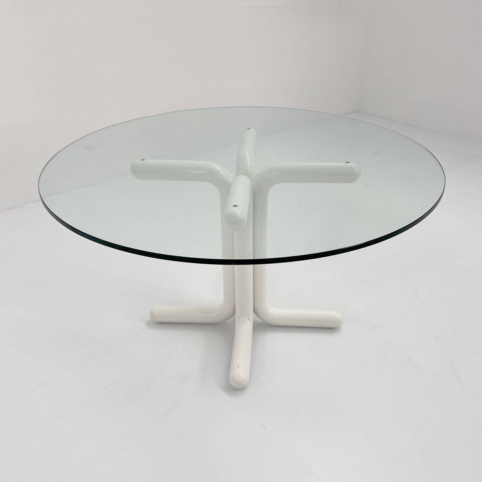135 cm dining table with thick rounded white wooden legs and glass top, 1980