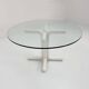 135 cm dining table with thick rounded white wooden legs and glass top, 1980