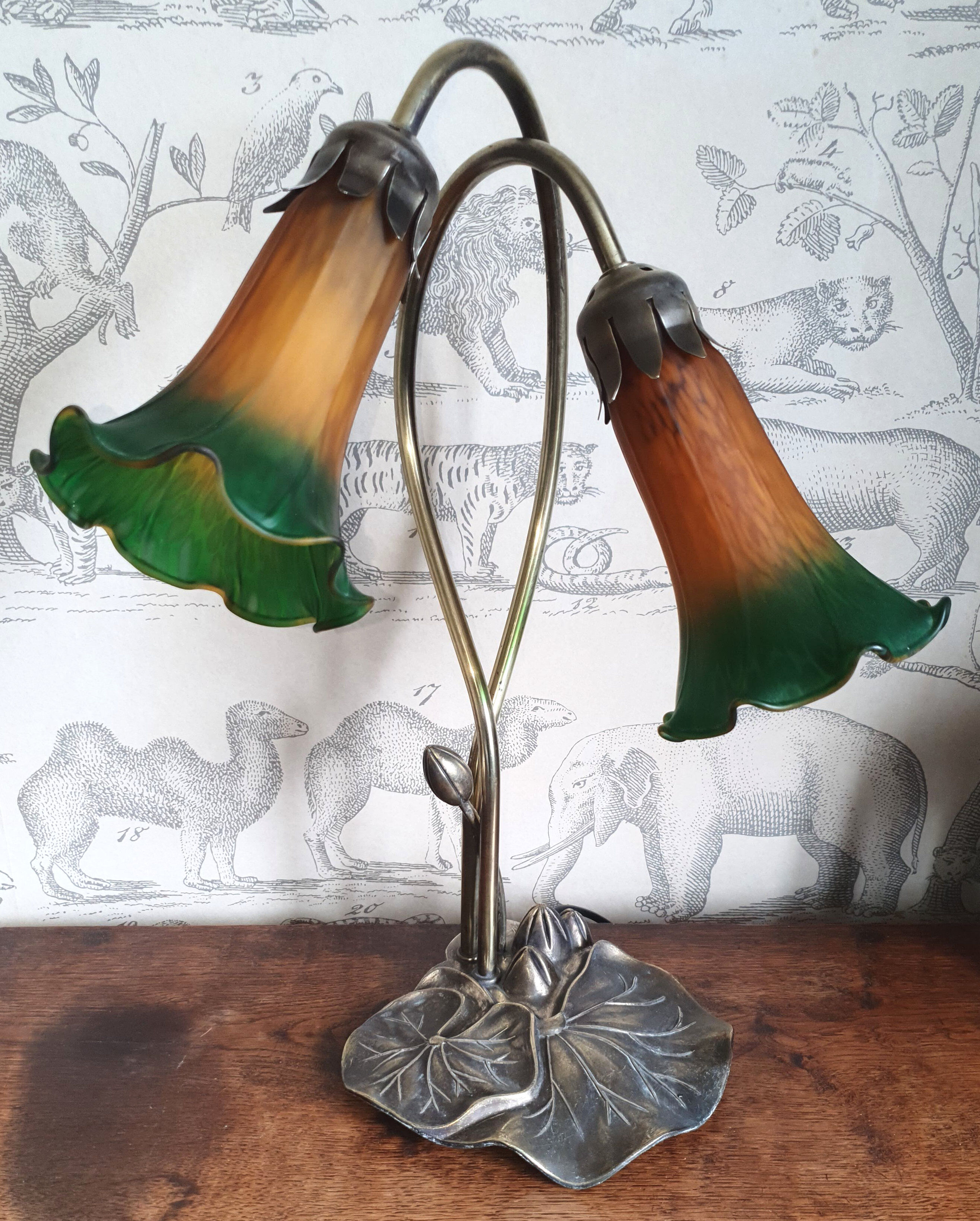 Brass lamp and glass paste water lily leaves