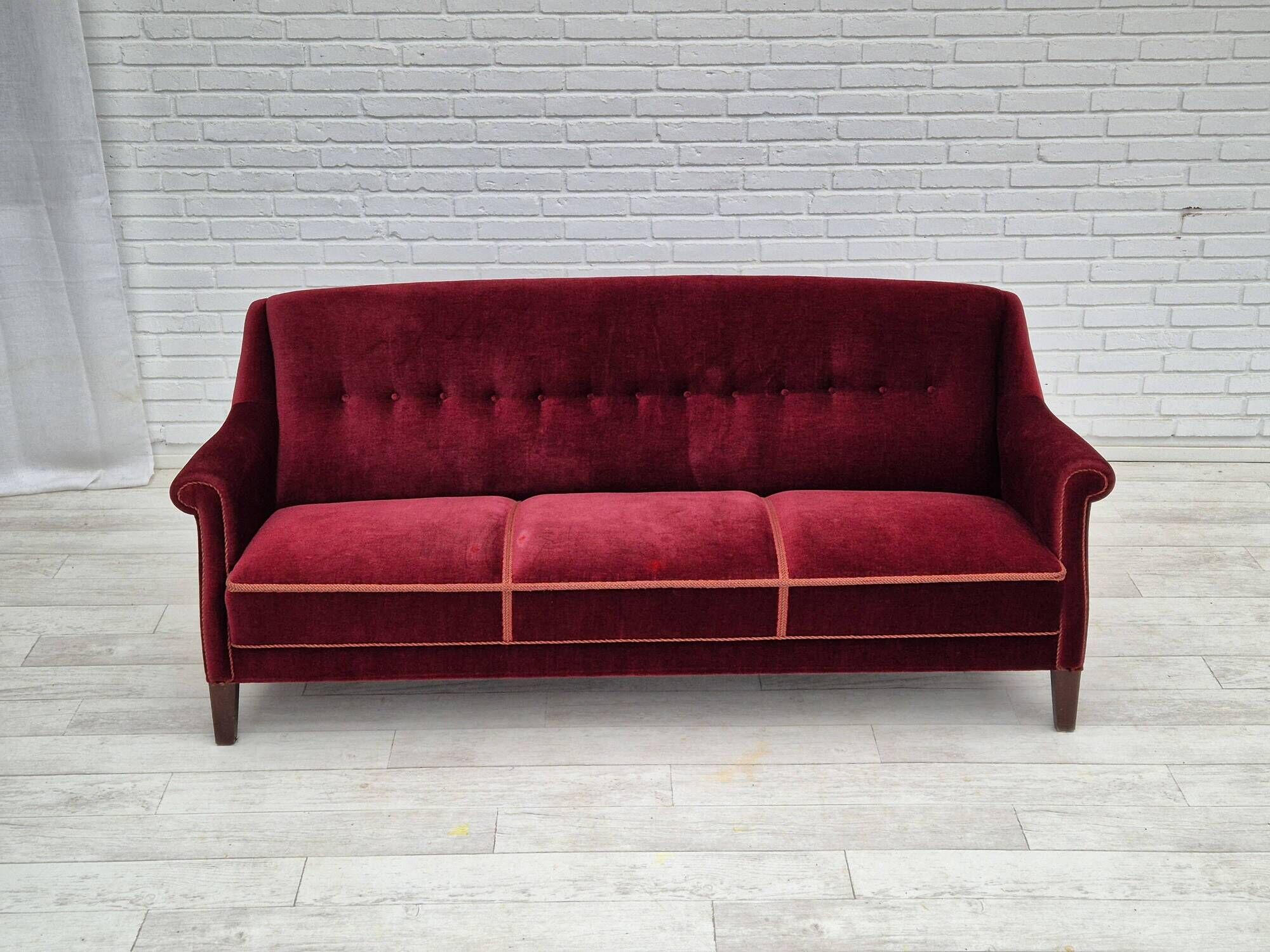 1960s, Danish 3 seater sofa, original good condition, furniture velour, beech wood .
