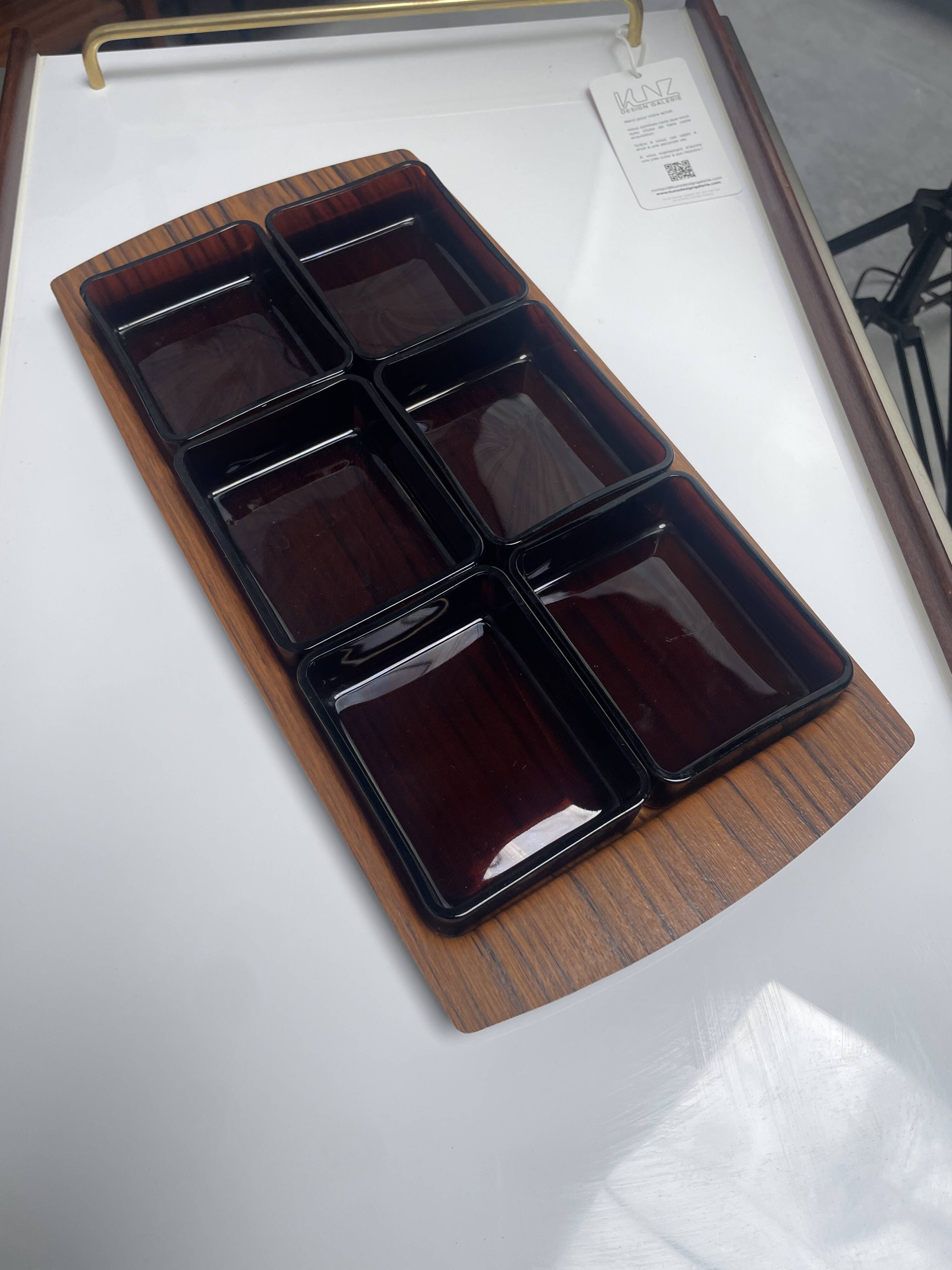 Plateau apéritif service Vereco — verre ambré fumé — France années 70