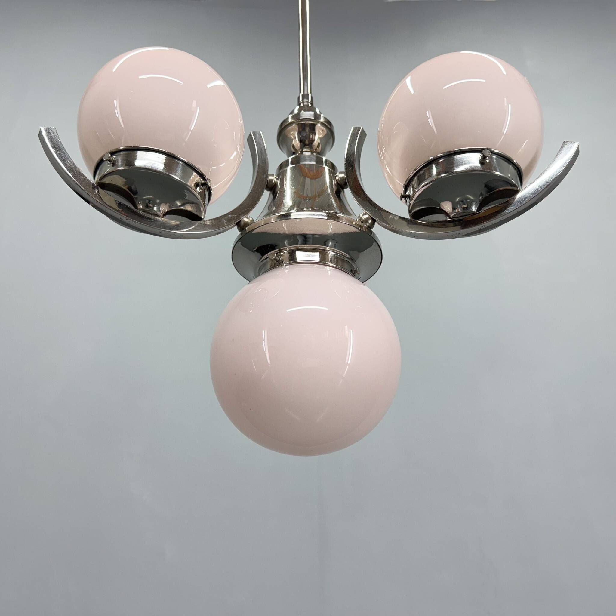 Art Deco Chrome and Pink Glass Chandelier, 1930's