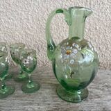 Antique liqueur service, enamelled decanter and glasses.