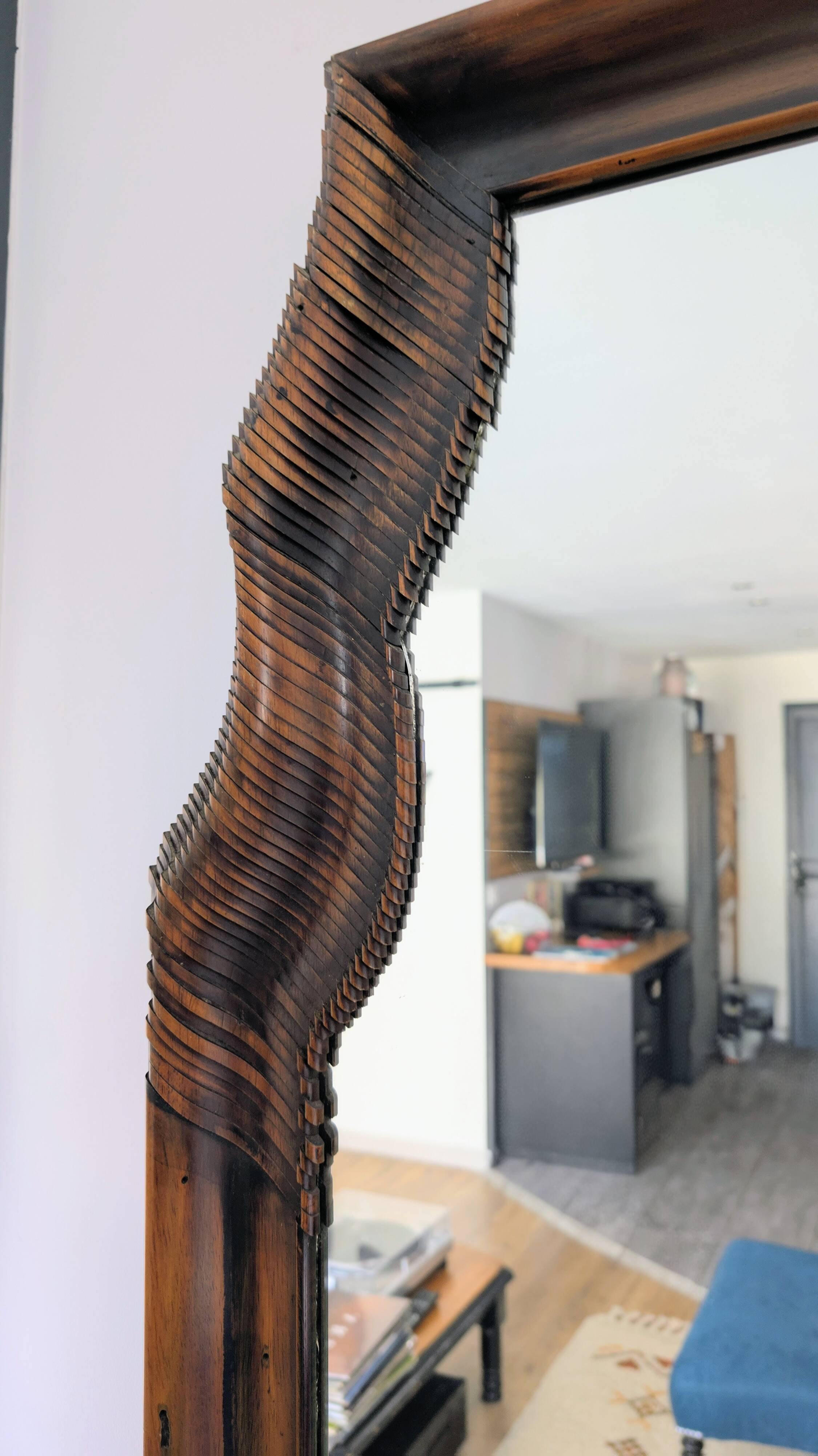 Large wooden wall mirror - wavy carving and natural patina