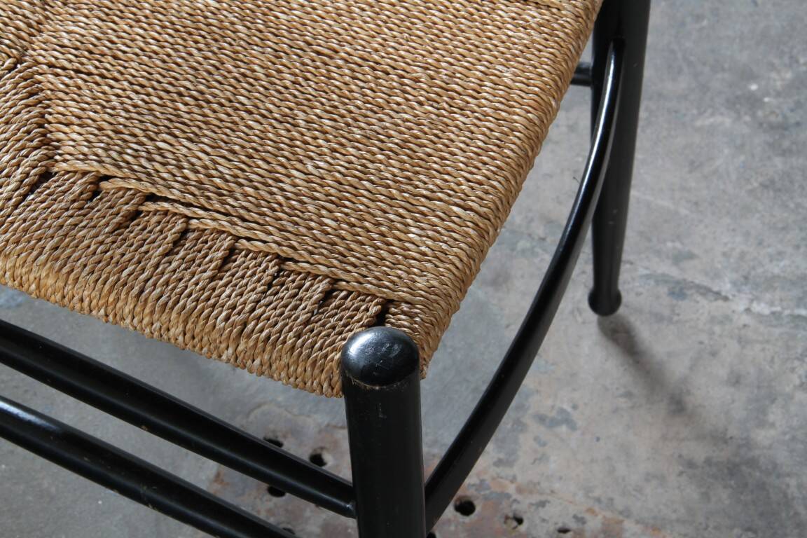 Vintage set of 8 Italian papercord black dining chairs, woven seat, 1950s