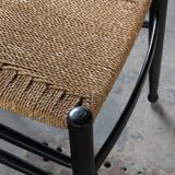 Vintage set of 8 Italian papercord black dining chairs, woven seat, 1950s