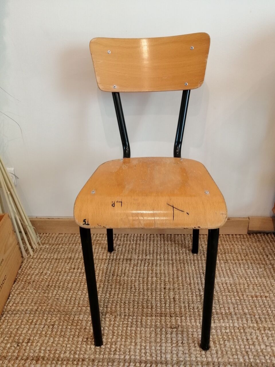 Series of 4 wooden and metal school chairs