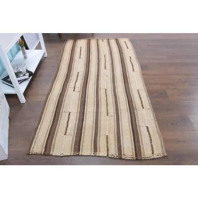 Vintage Turkish Hand-Knotted Wool Cotton Brown Kilim Runner Rug 110x213