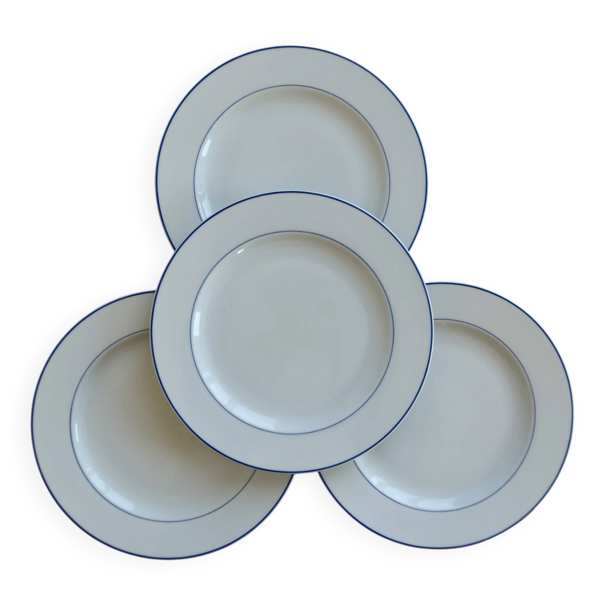 4 vintage porcelain dessert plates - Double blue borders - Bistro style