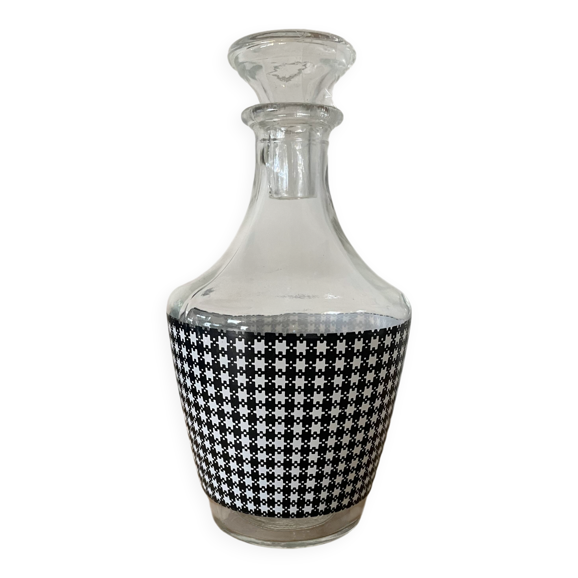 Small black and white checkered carafe with original glass stopper
