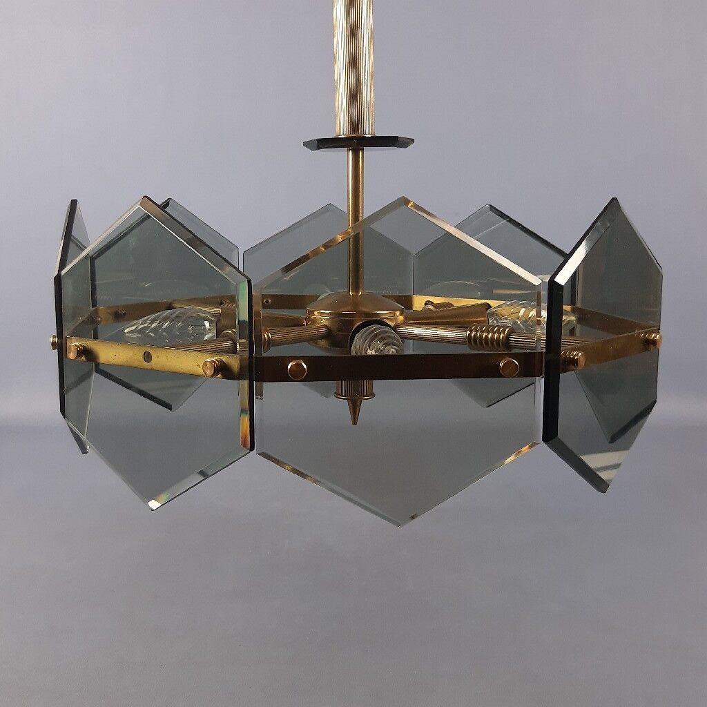 Lustre design Gino Paroldo Fontana Arte brass smoked glass modernist 1960