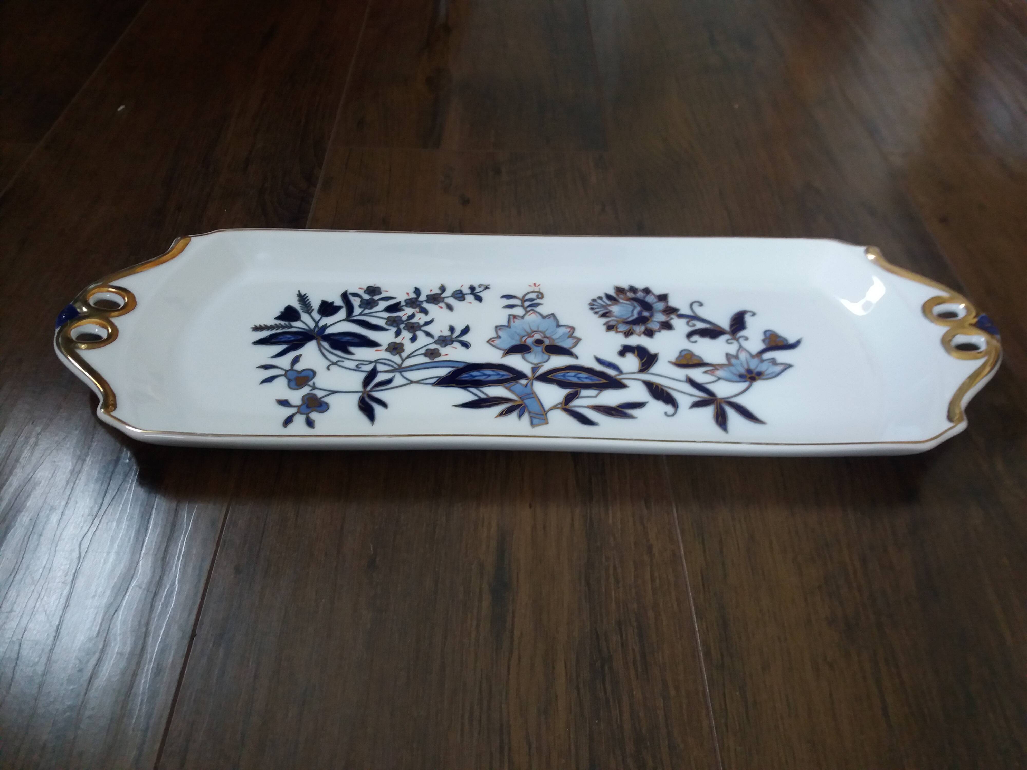 Victoria rectangular tray, hand-painted blue and gold porcelain decoration