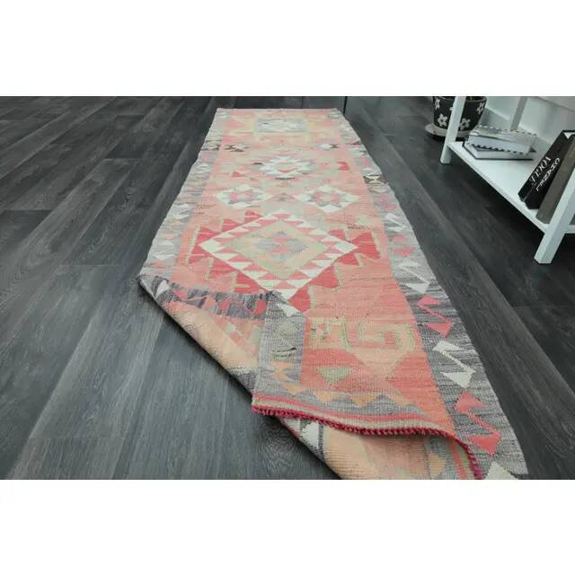 1970s Vintage Turkish Handmade Wool & Cotton Pink Runner Rug 94x306