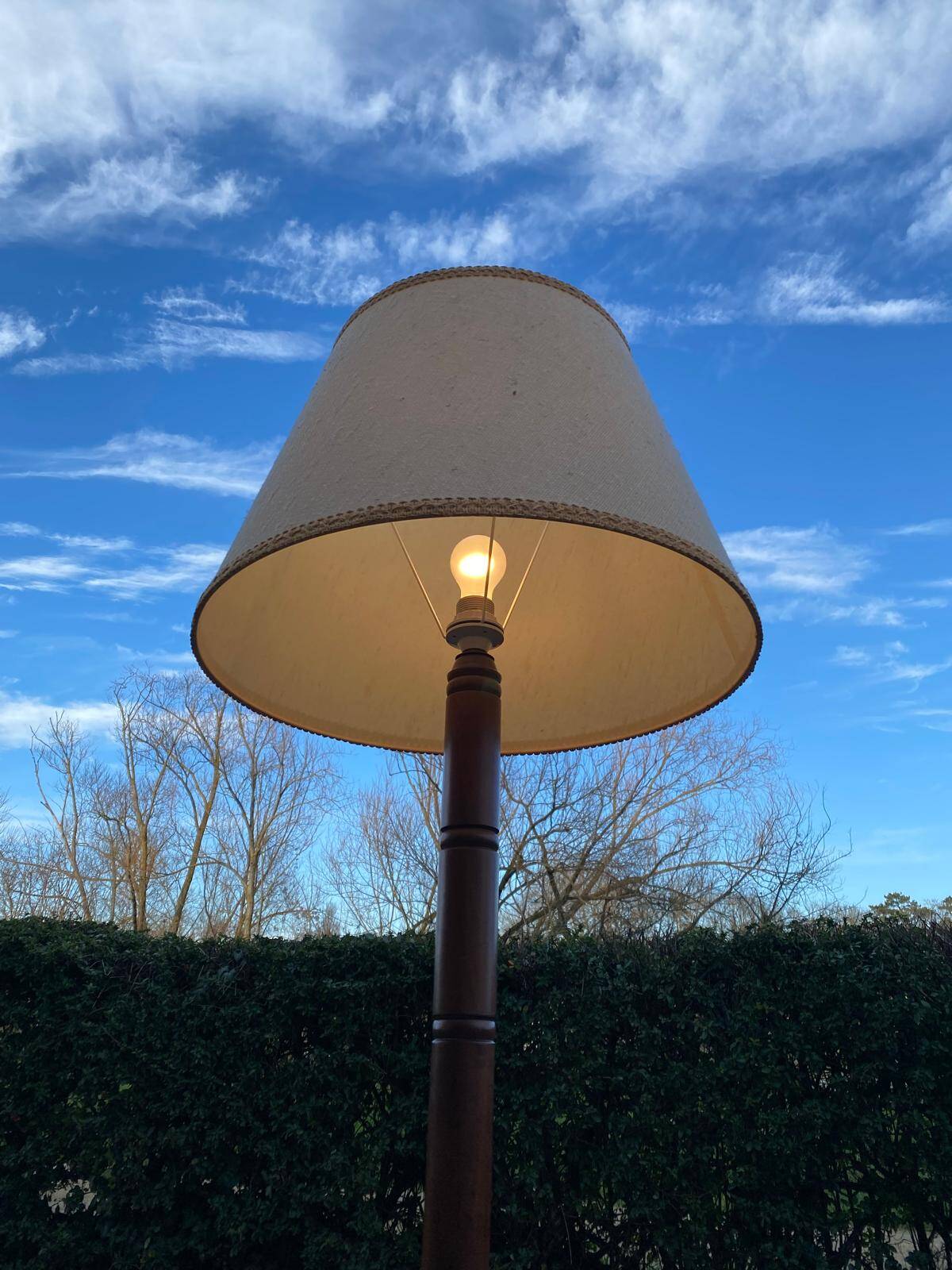 Art Deco floor lamp with wooden shelf and beige lampshade