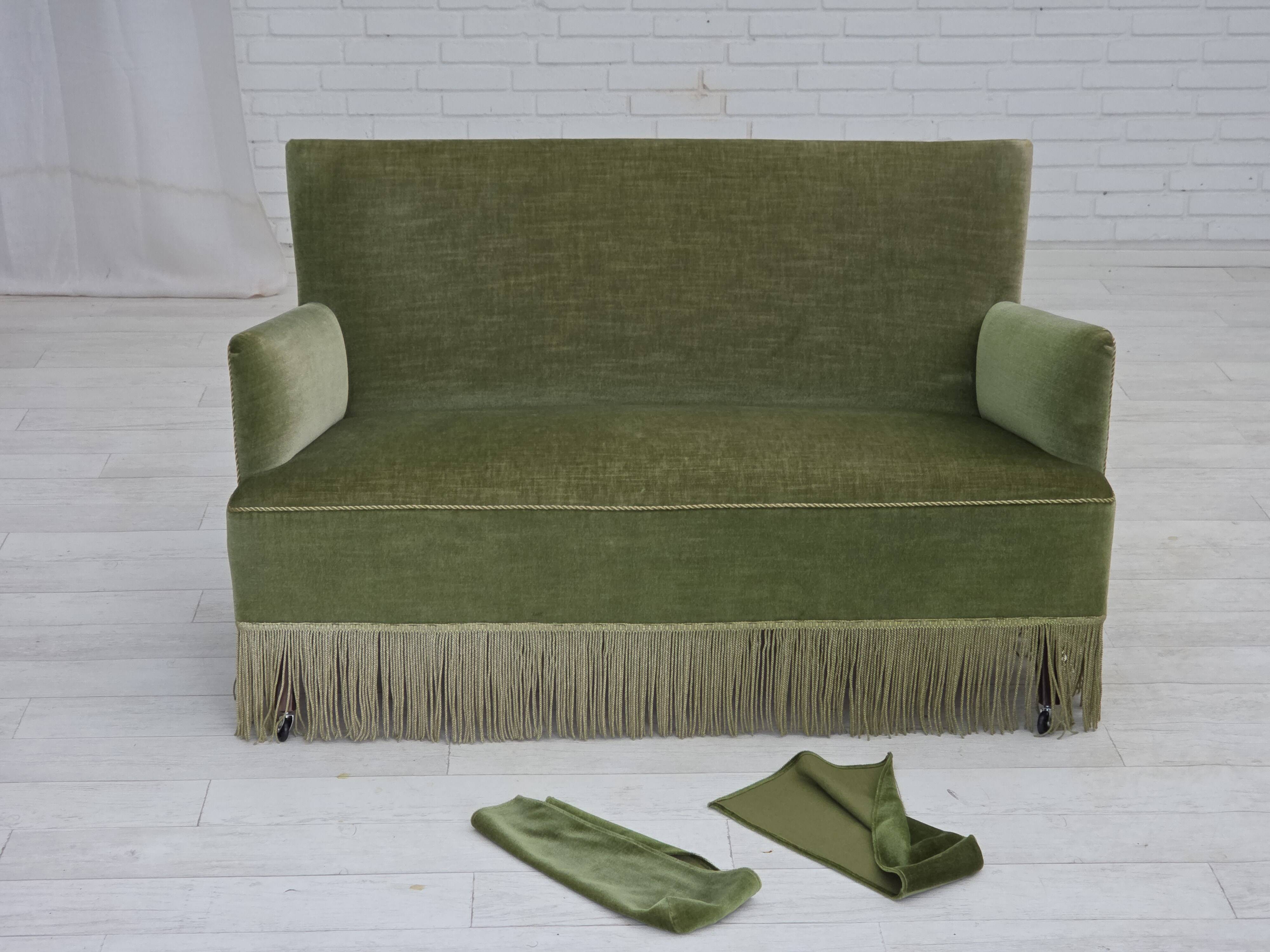 1970s, Danish 2-seater sofa, green furniture velour, beech wood legs.