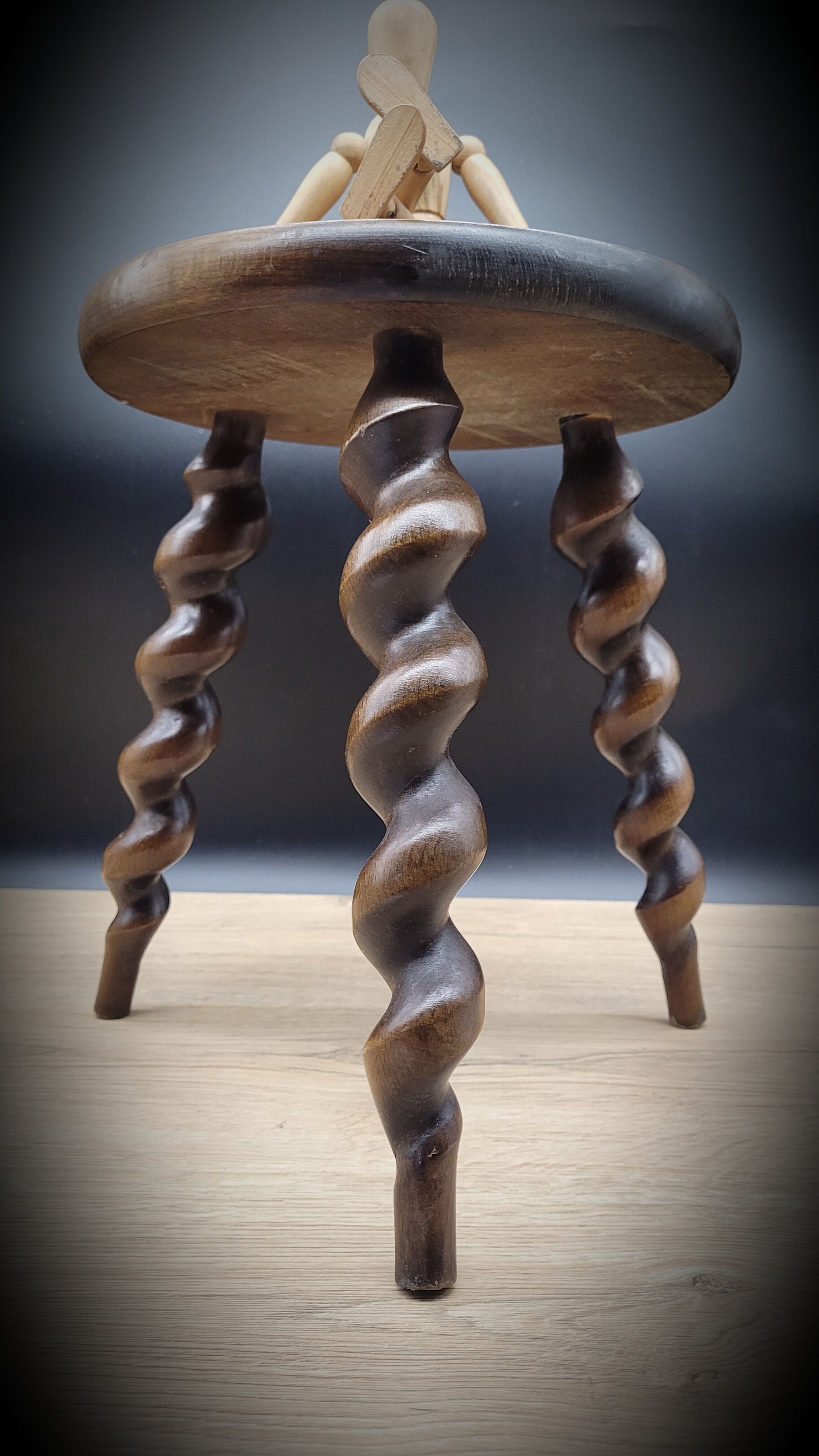Turned wood tripod stool