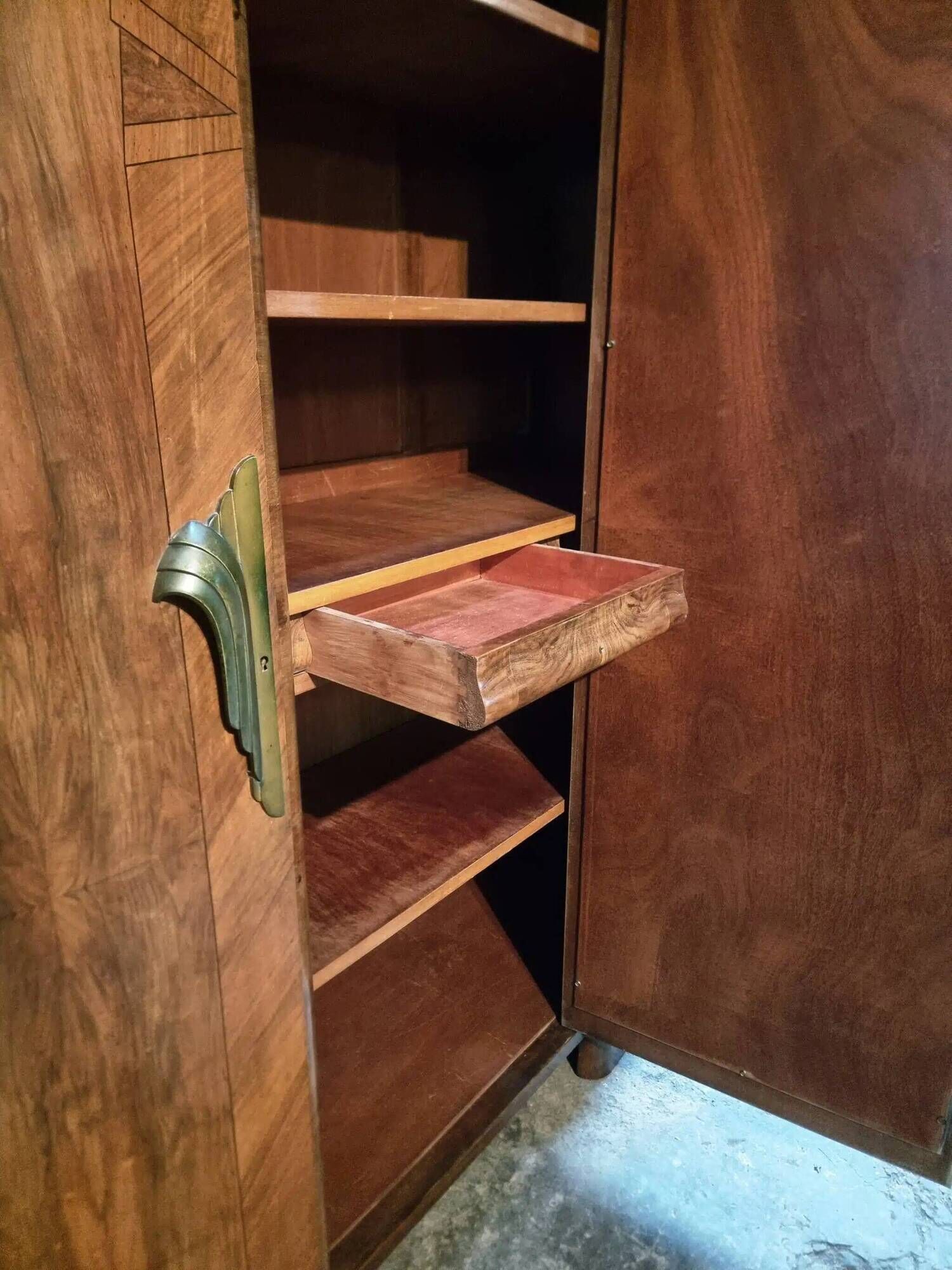 French Art Deco walnut wardrobe with mirror, 1930s