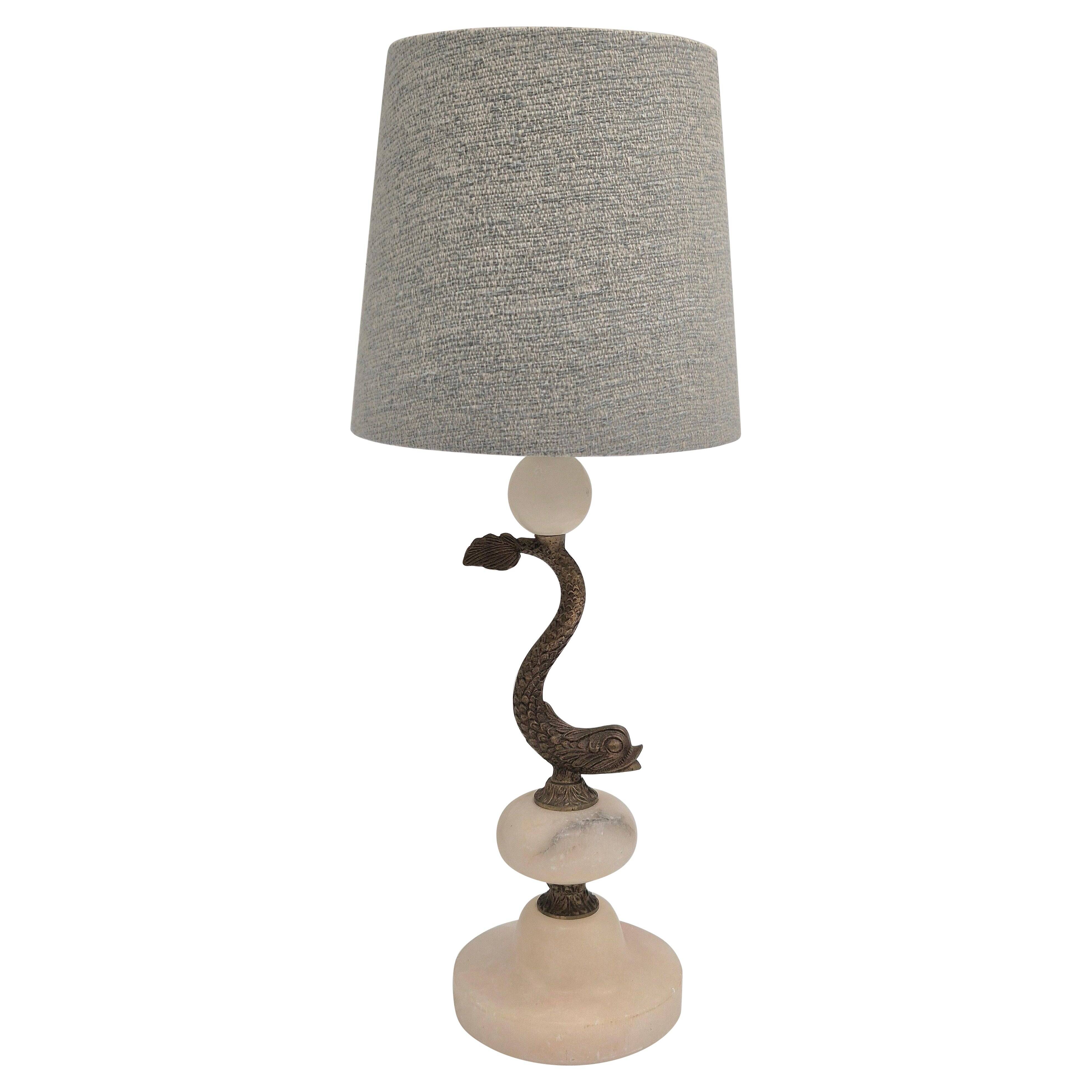Sculptural table lamp in alabaster with fish/dolphin decoration, Swedish Grace