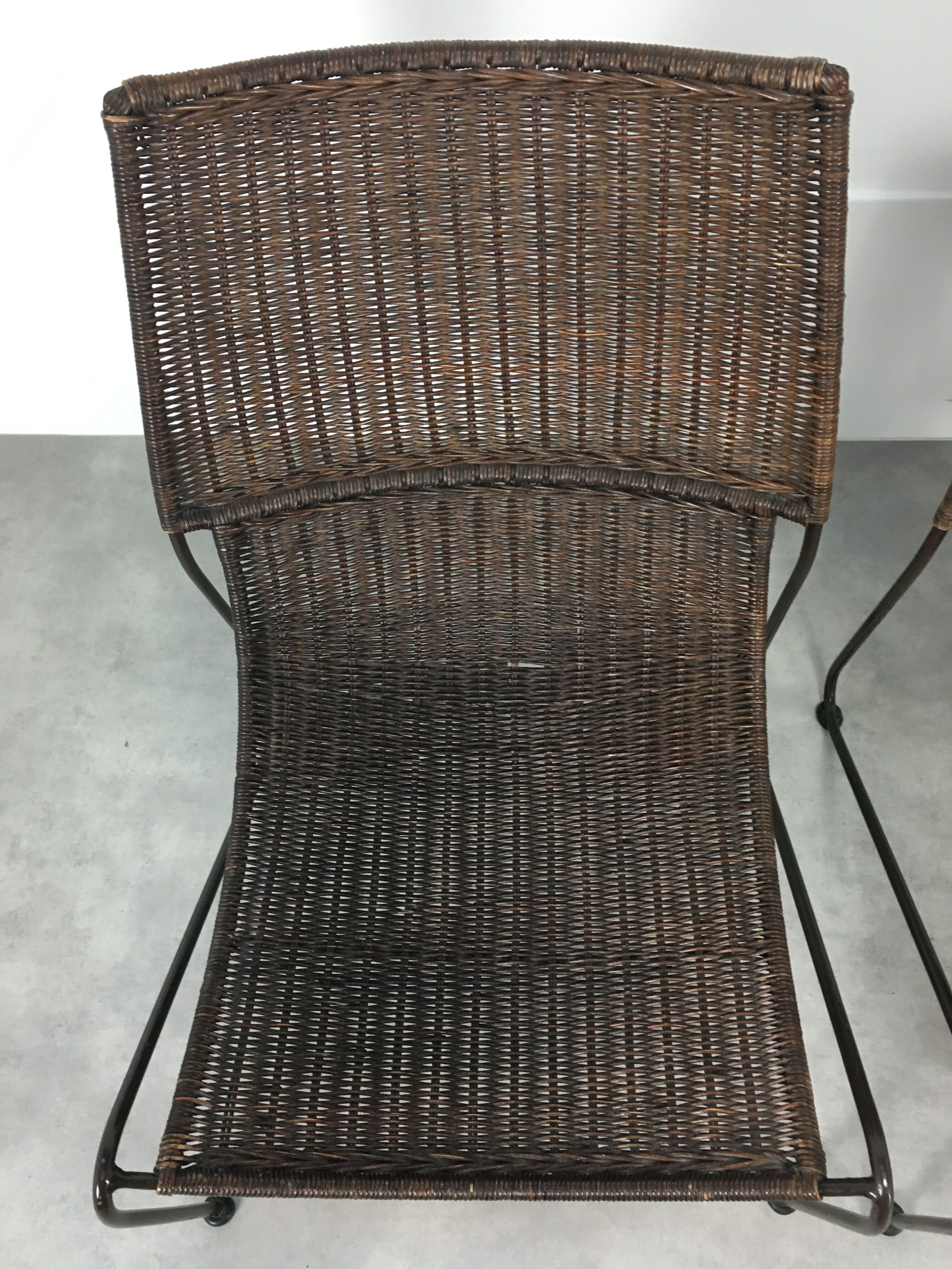 Pair of rattan and steel wire armchairs by frederick weinberg