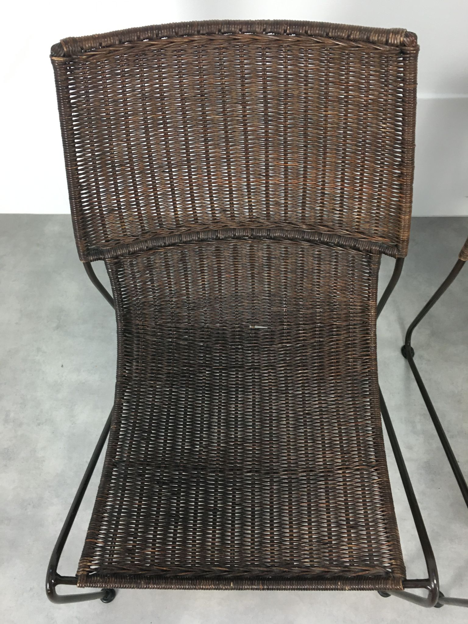 Pair of rattan and steel wire armchairs by frederick weinberg