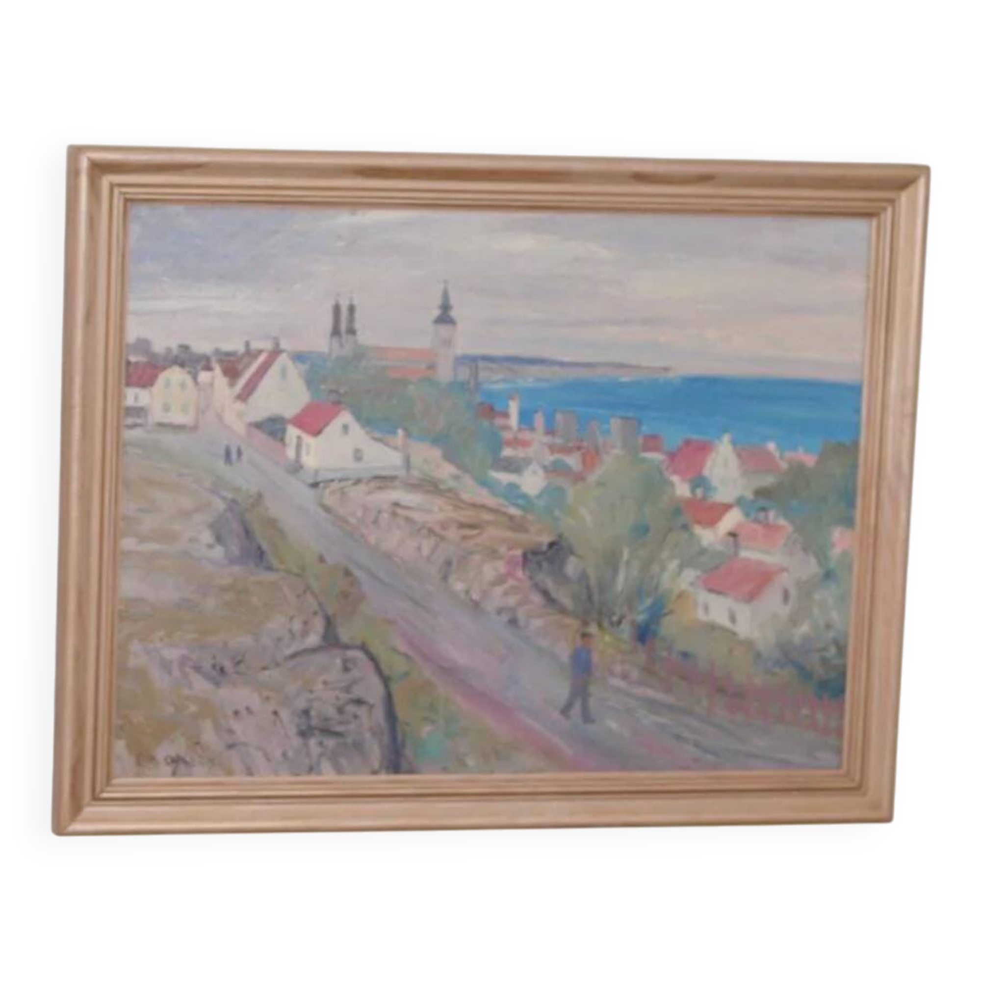 Original Swedish Oil on Panel – “Village Scene II” by E. R. Olsson – Signed