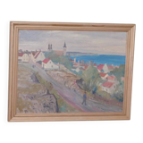 Original Swedish Oil on Panel – “Village Scene II” by E. R. Olsson – Signed