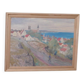 Original Swedish Oil on Panel – “Village Scene II” by E. R. Olsson – Signed