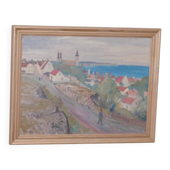 Original Swedish Oil on Panel – “Village Scene II” by E. R. Olsson – Signed