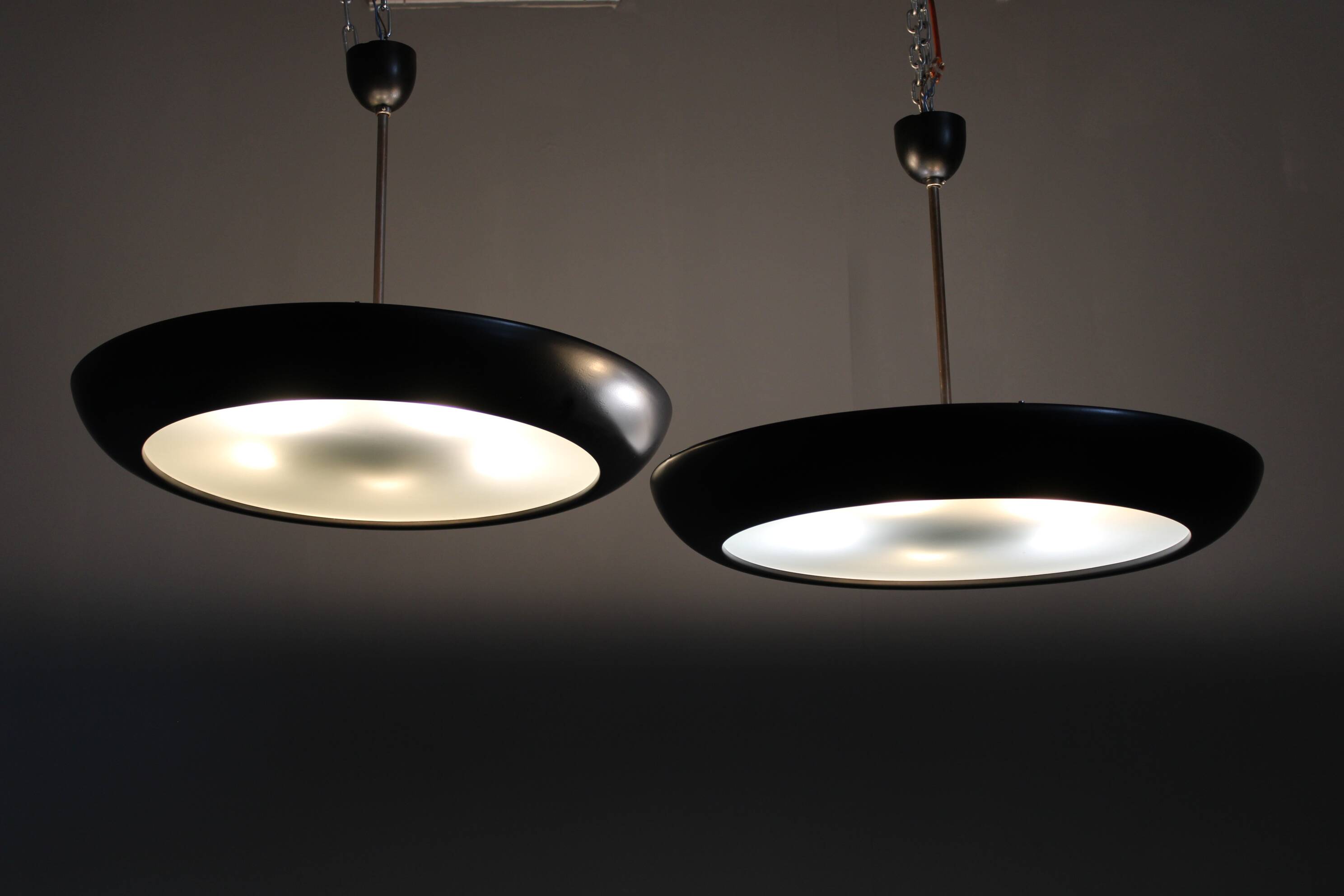 Pair of large Bauhaus "UFO" pendant lights by Josef Hurka for Napako, 1940s