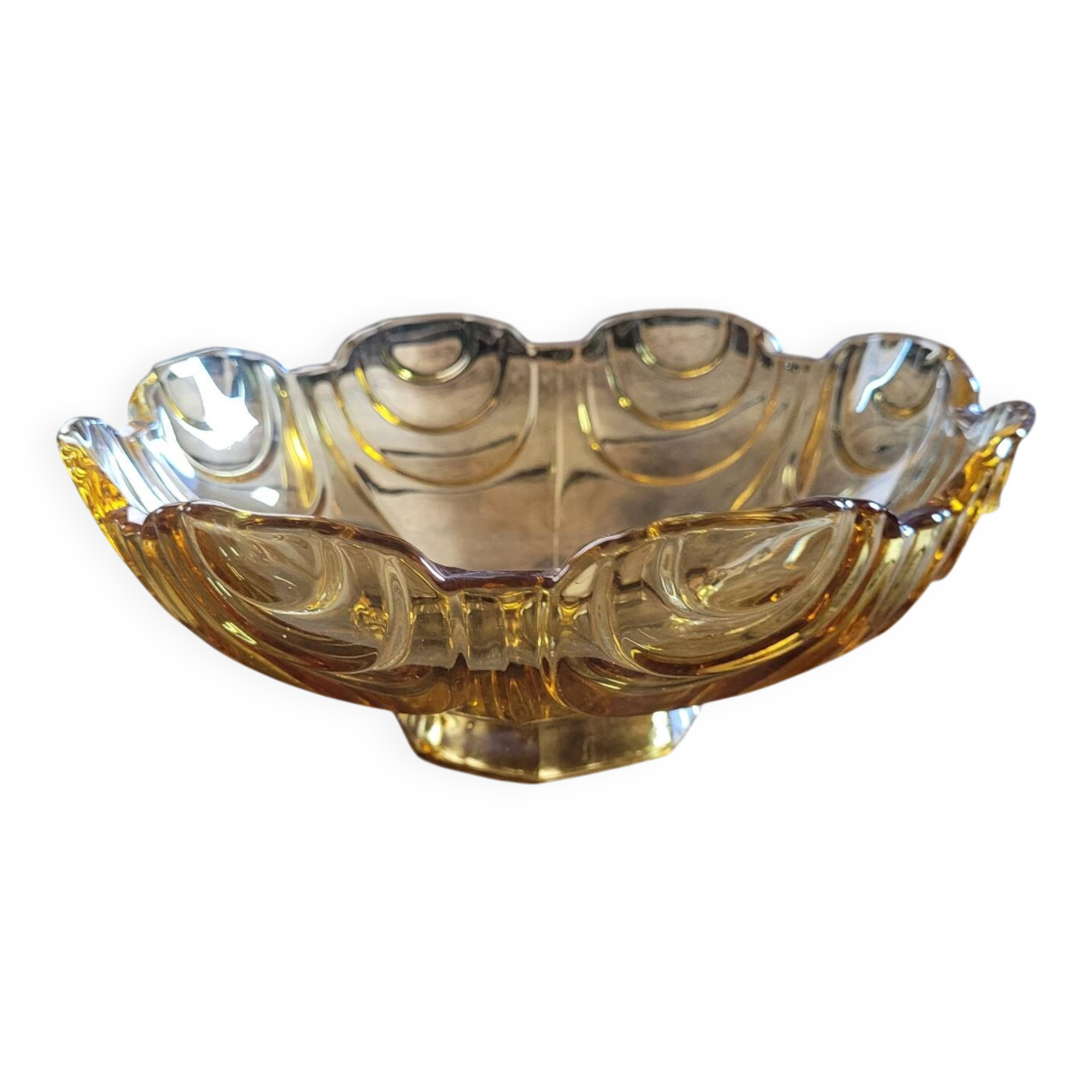 Coupe sur pied en verre ambre doré – design géométrique vintage