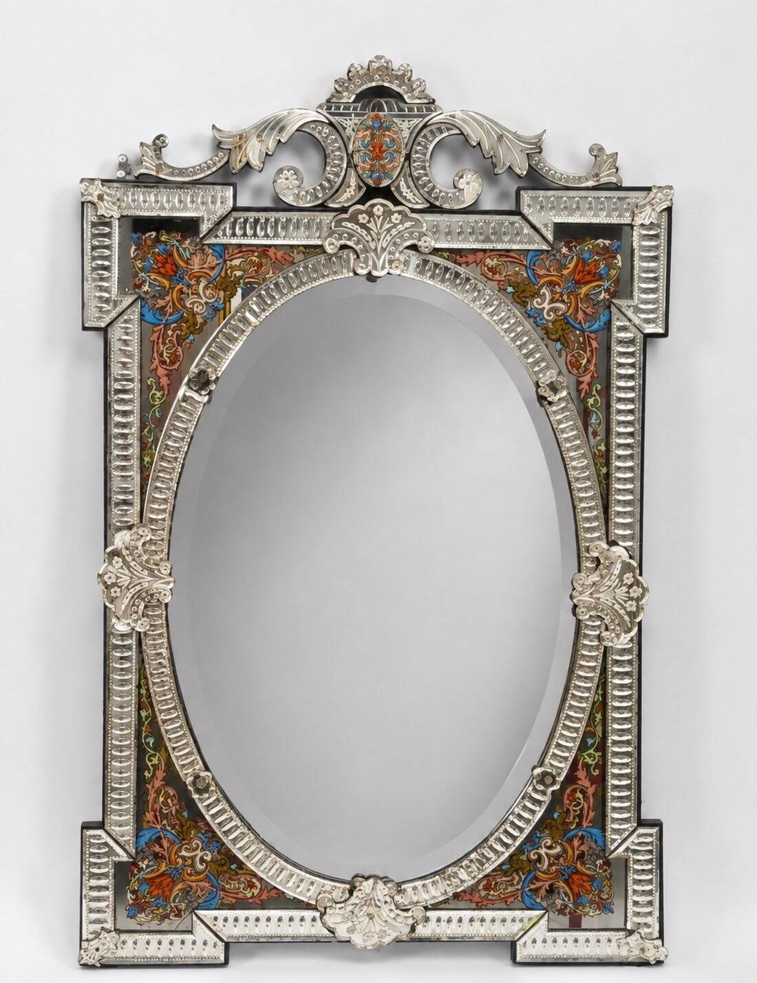 Miroir Vénitien à Pare-closes Style Renaissance – Verre Biseauté Émaillé – XIXe