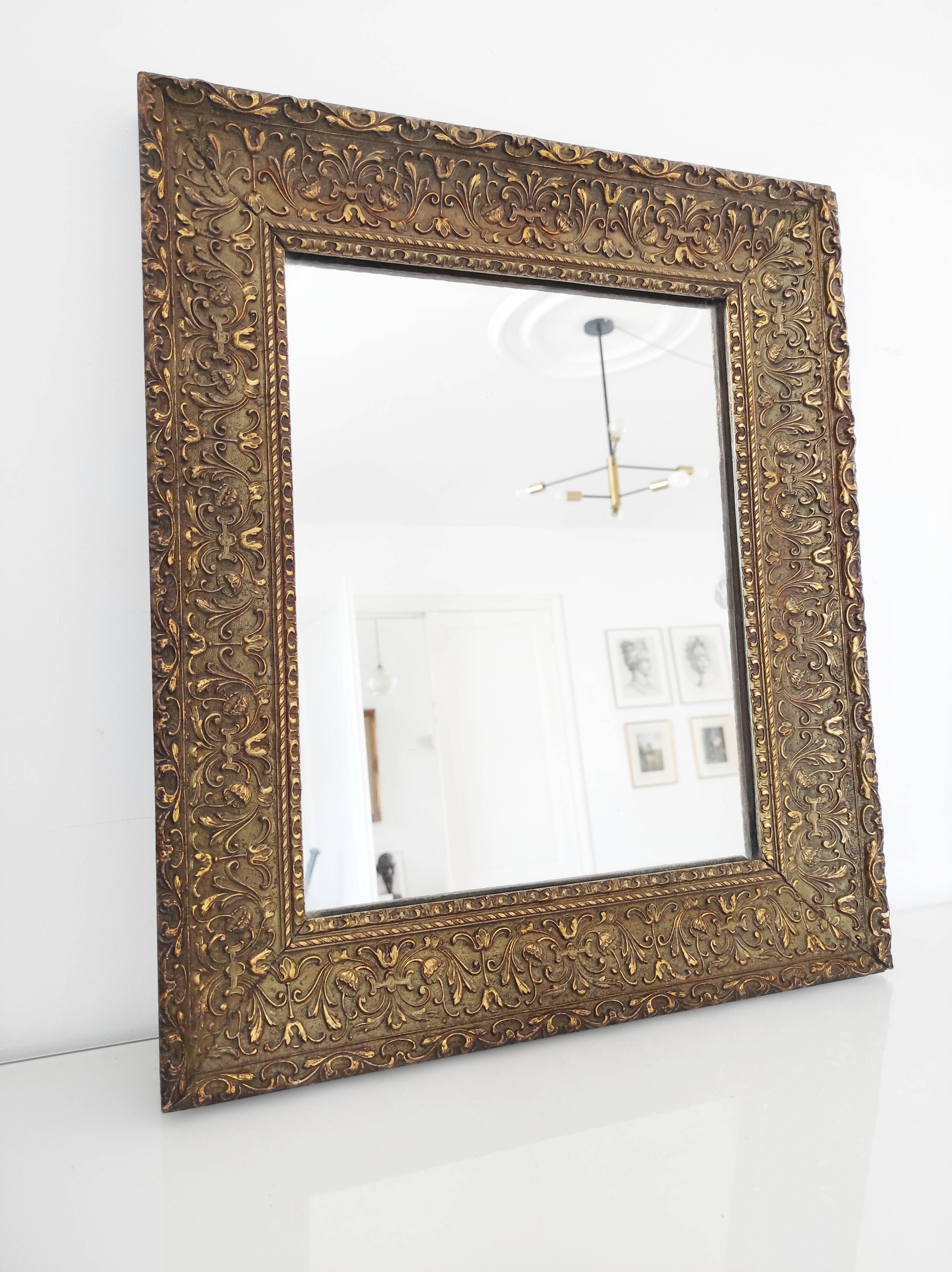 Wooden mirror, edge with embossed flowers 48 x 41 cm