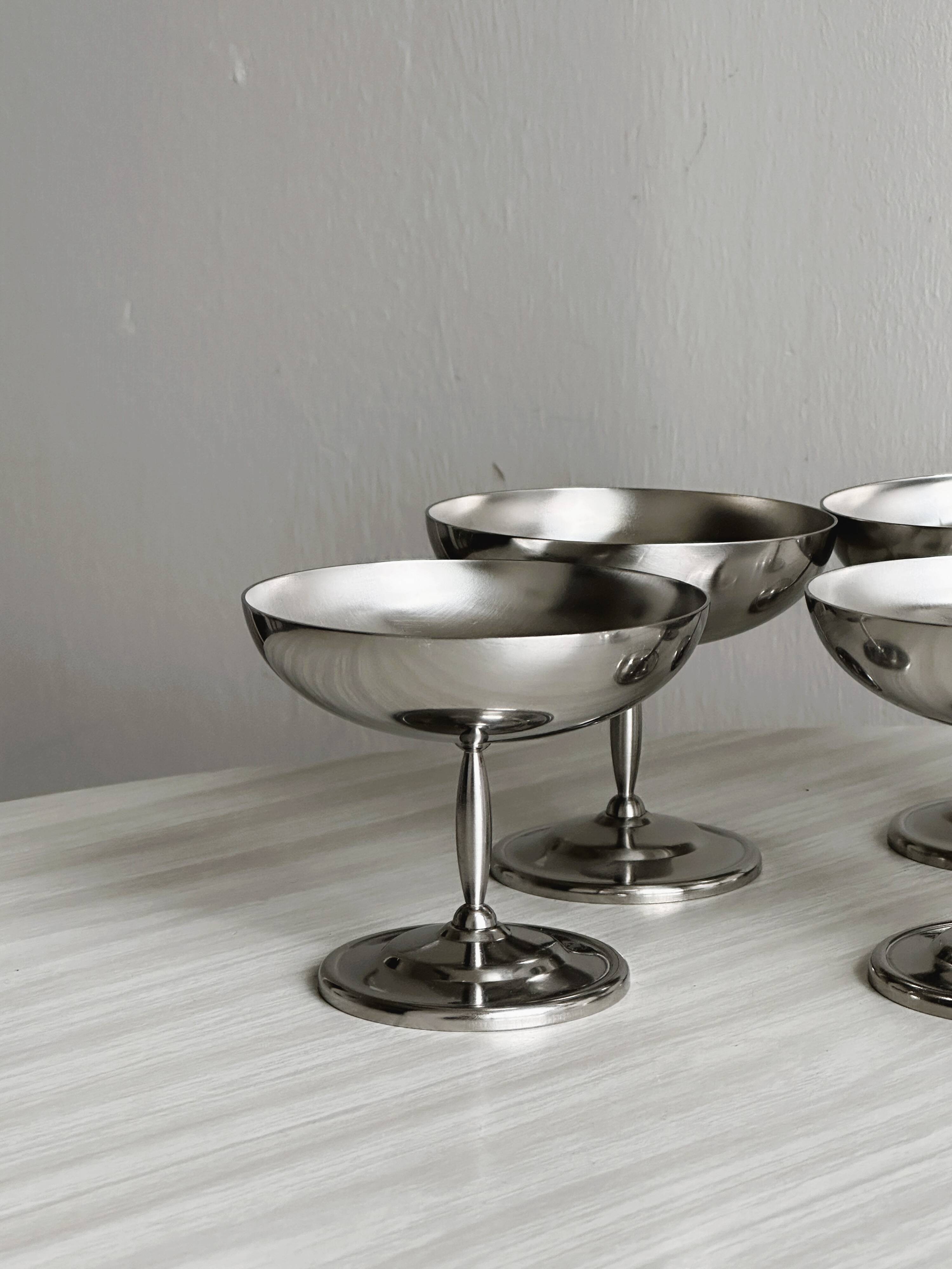 6 stainless steel dessert bowls on foot