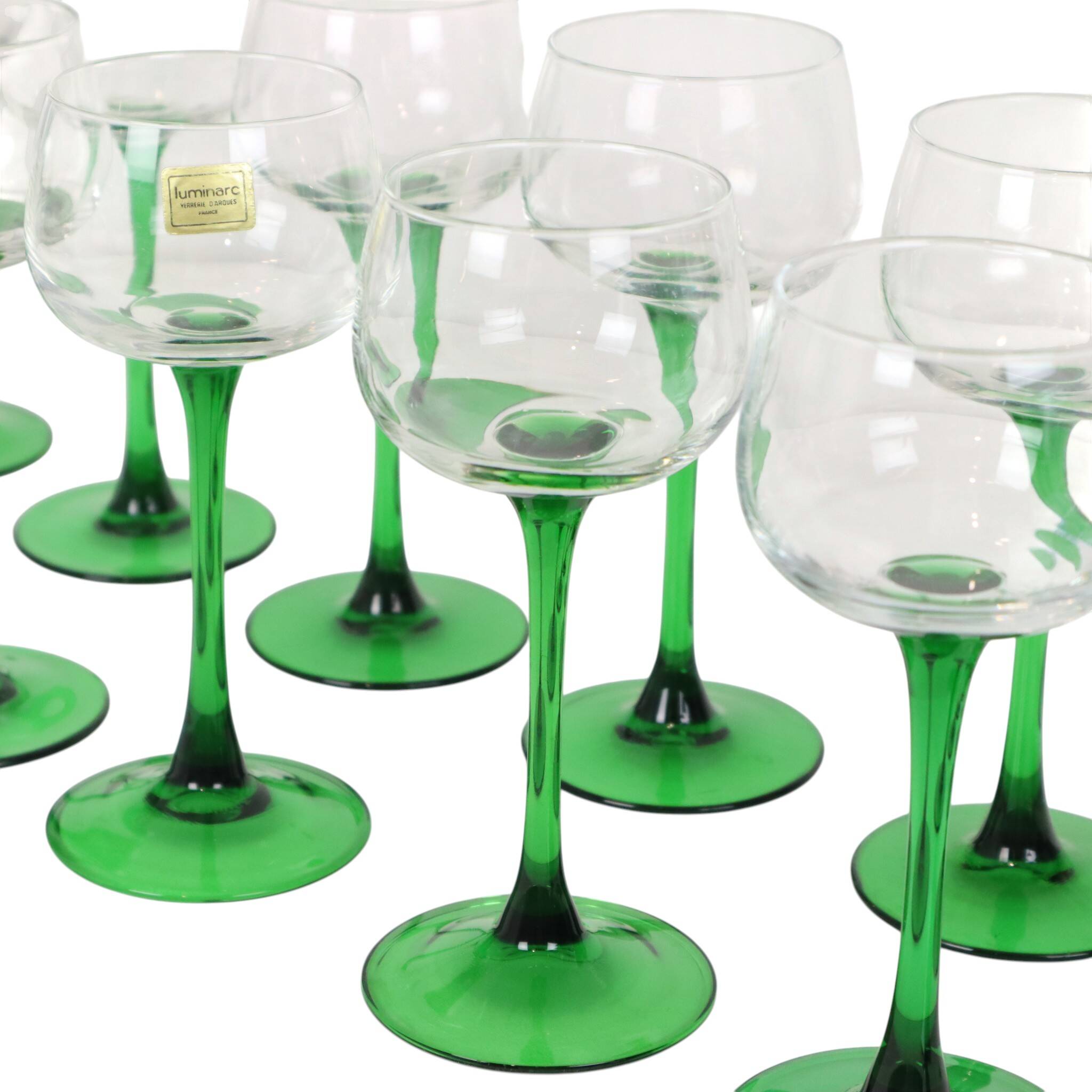 Ensemble de 14 verres à vin vintage Luminarc Alsace avec tiges vertes étroites.