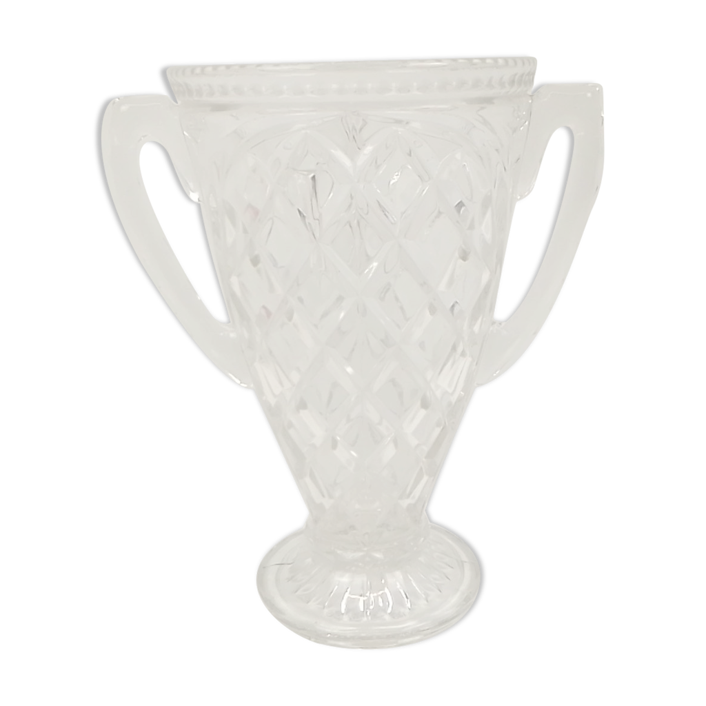 Vase en verre transparent style trophée motifs en relief 23 cm Selency
