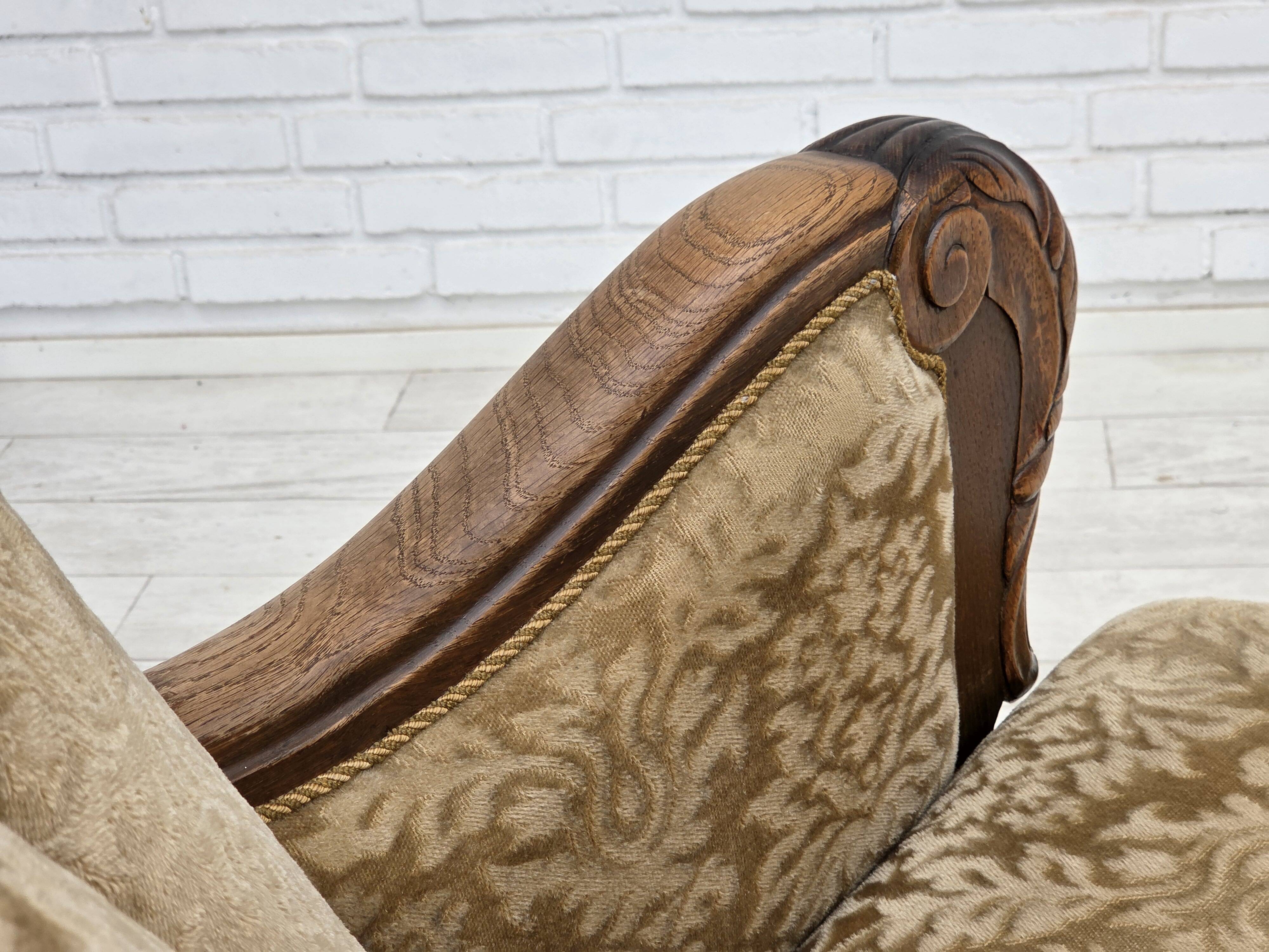 1950s, Danish relax armchair, furniture velour, carved oak wood.