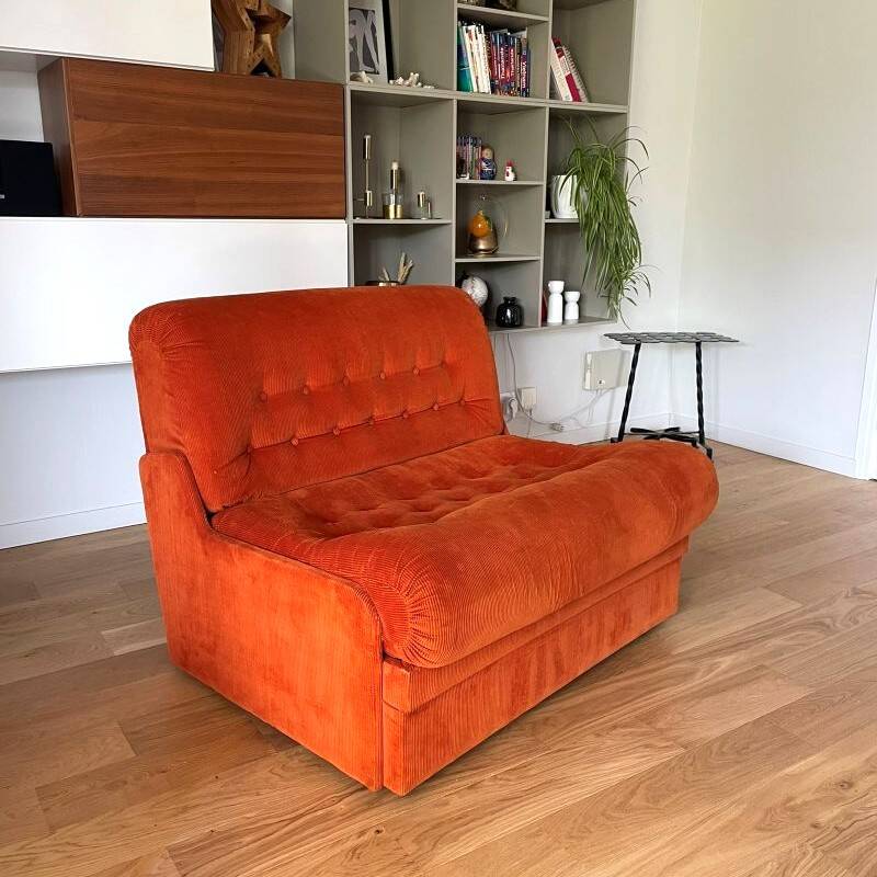 Orange corduroy convertible armchair, 1970s