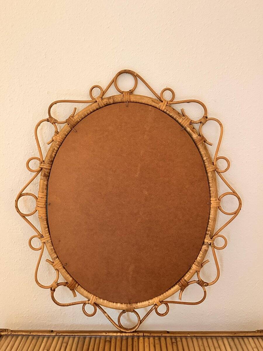 French circular sun-shaped mirror in rattan with knots, 1950s.