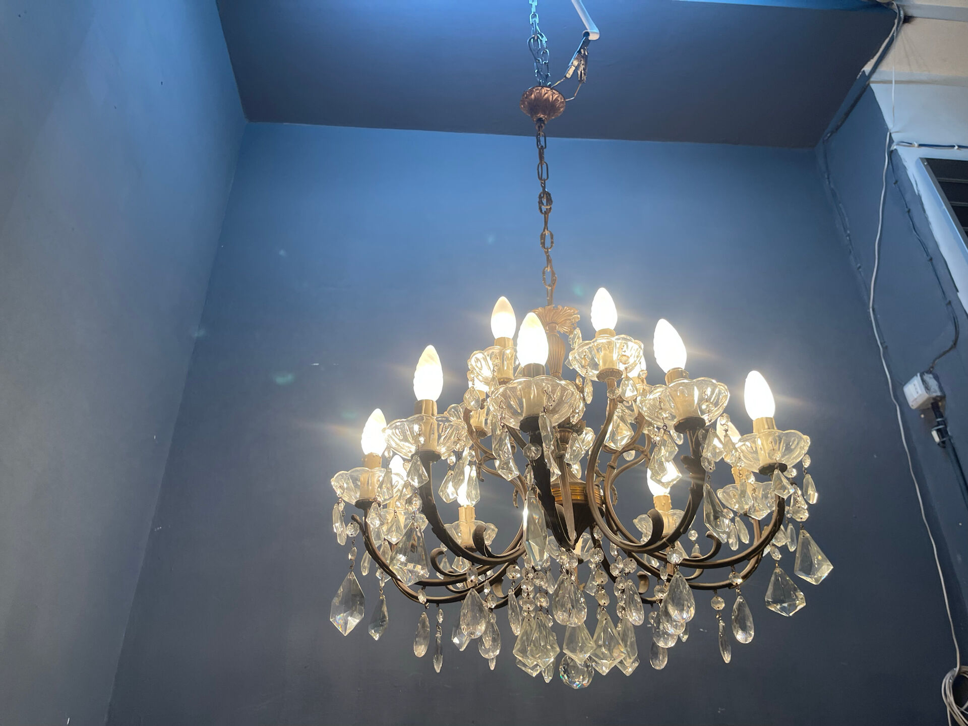 Vintage Bronze & Crystal Chandelier, 15 Lights, 1950s