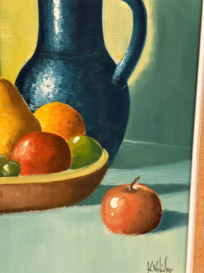 Original Swedish Oil on Canvas – 'Still Life with Fruits and Jug', Unknown Artist – Signed – Vintage and Framed – 52 × 44 cm (20.4" × 17.3")
