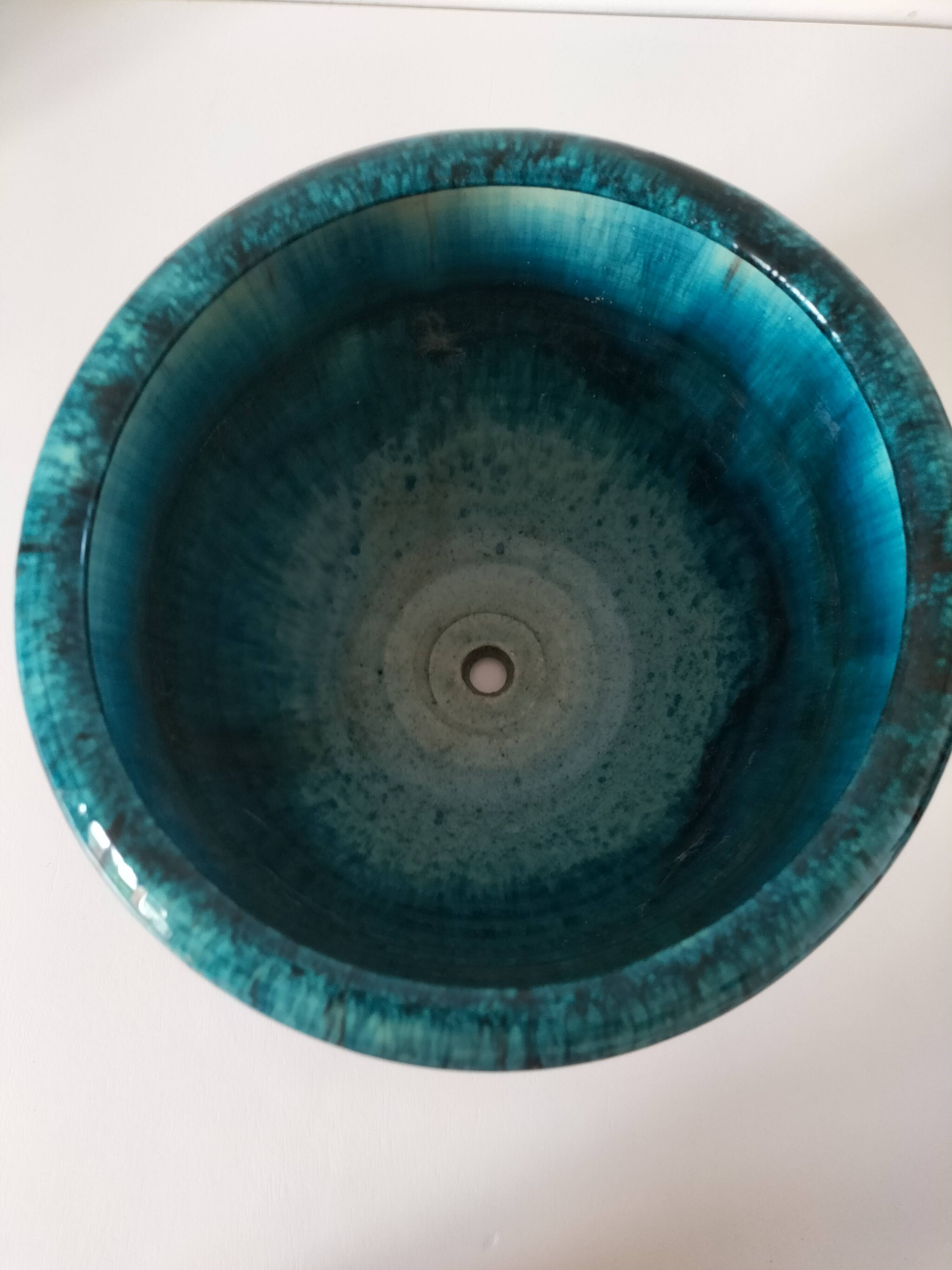 Accolay cache-pot in blue petrol and deep black glazed stoneware.