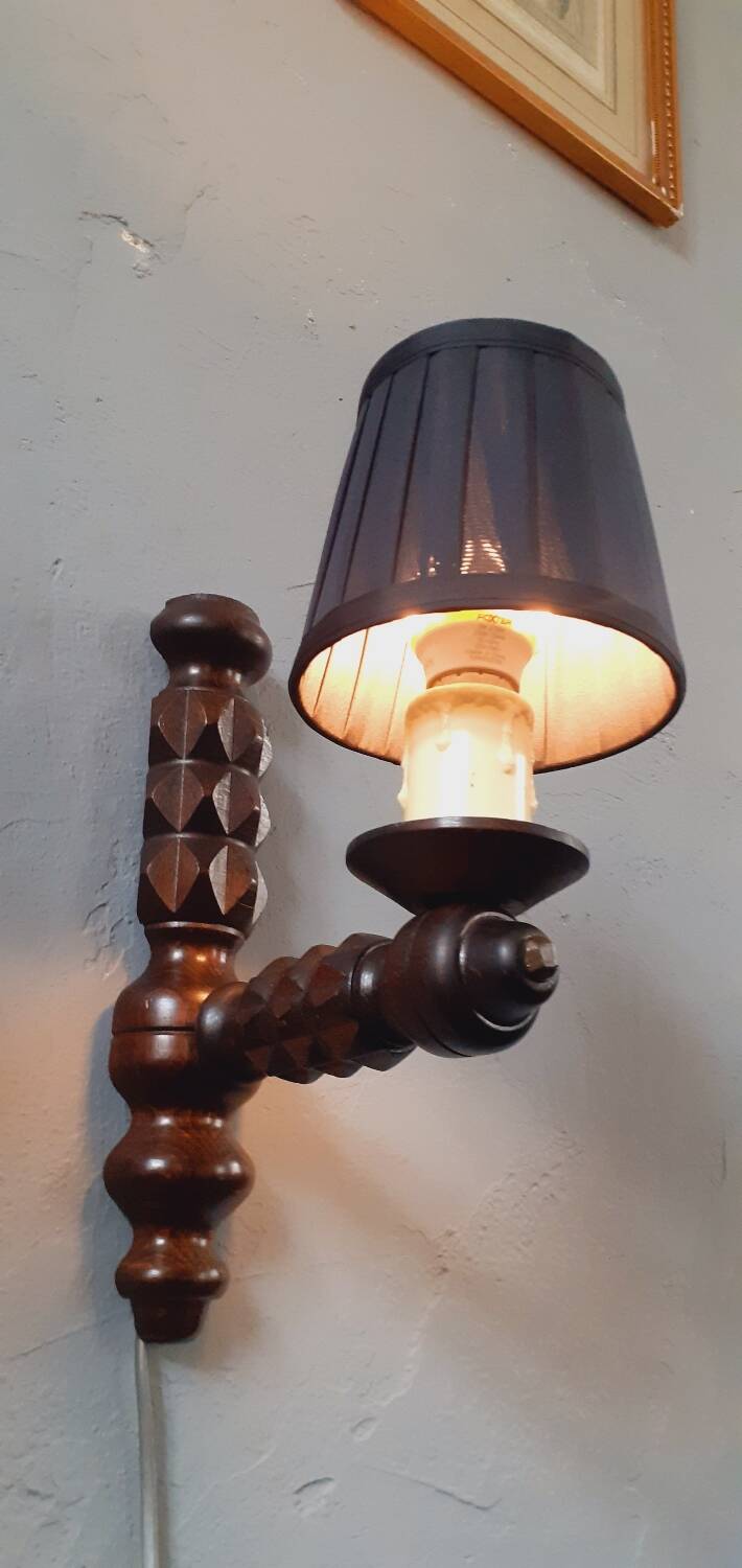 Pair of 60s Brutalist wall lights in varnished wood