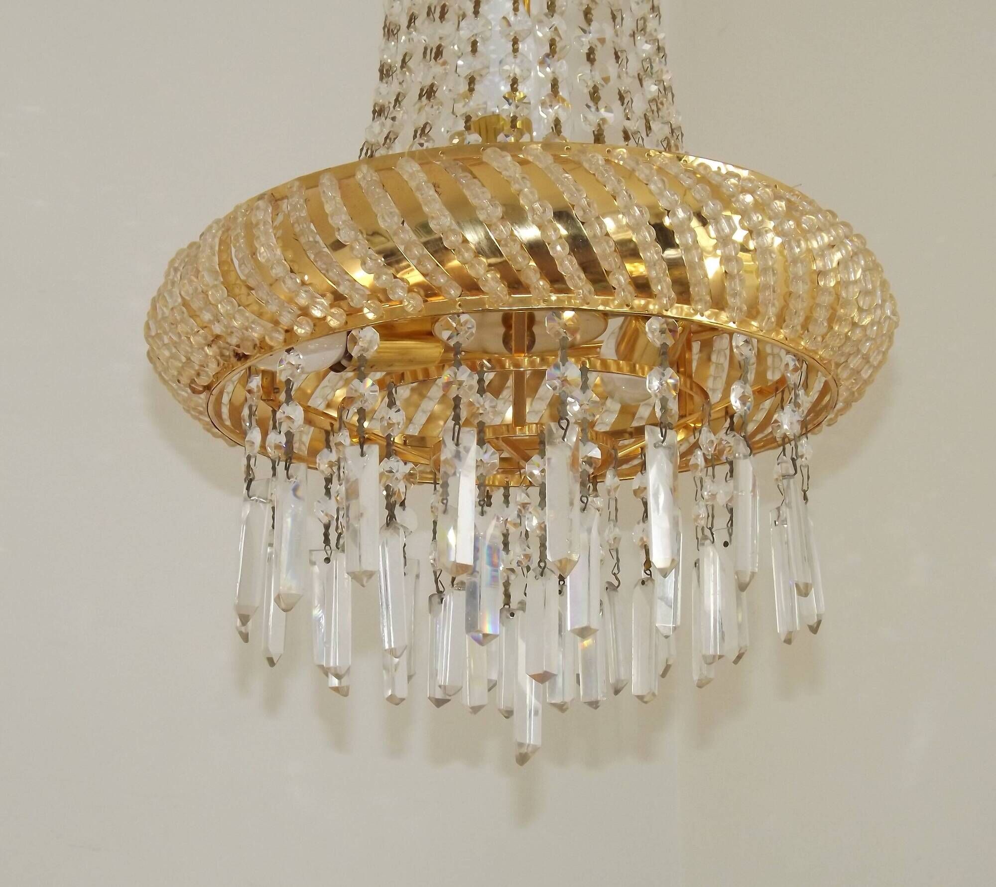Vintage Gold Metal 5-Light Chandelier – Crystal Beads & Glass Prisms