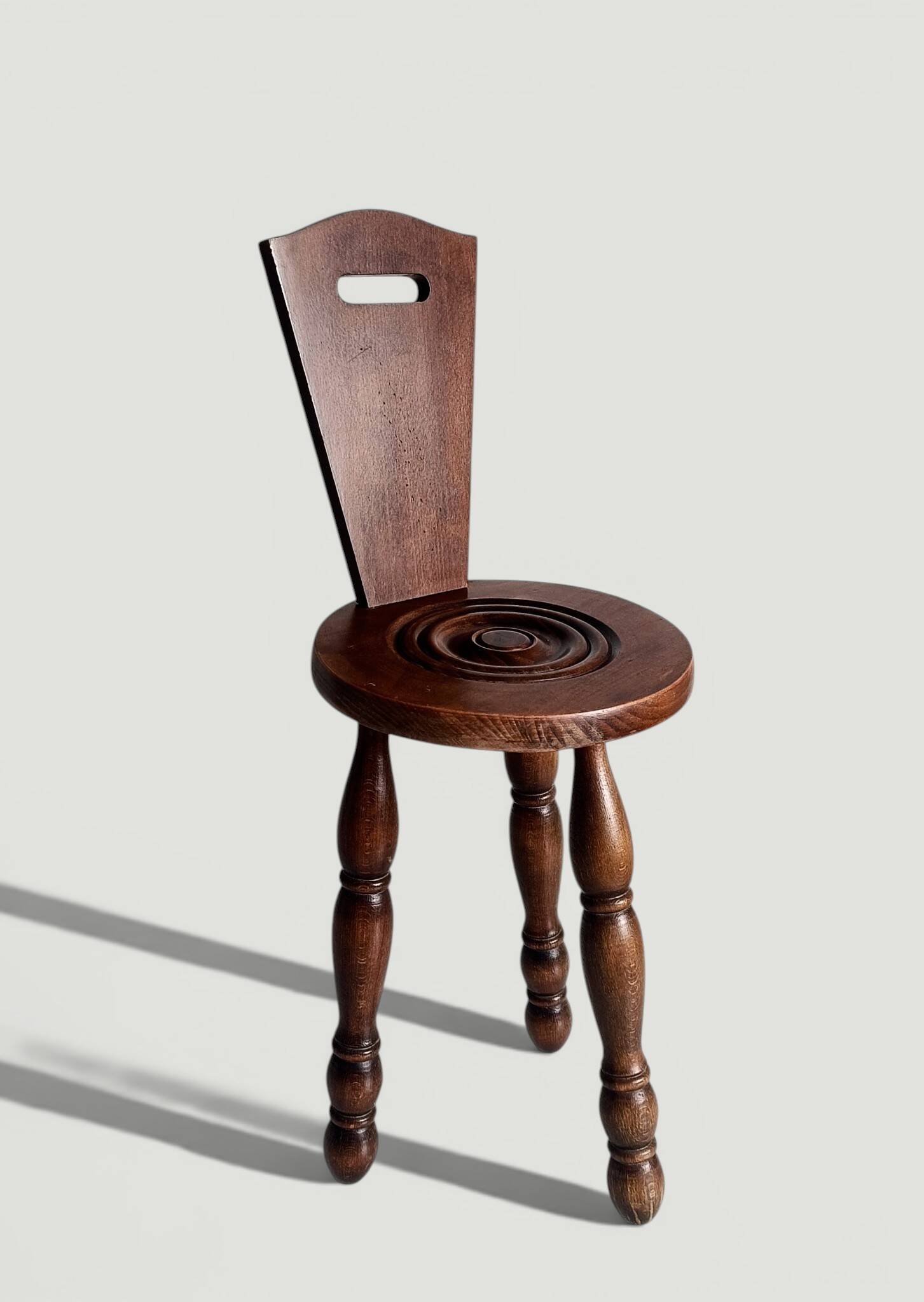 Folk Art Chestnut Wood Tripod Chair, Charles Dudouyt Style, France, 1930s