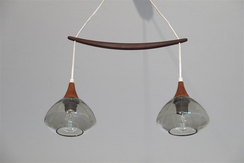 Scandinavian boomerang chandelier in teak and glass