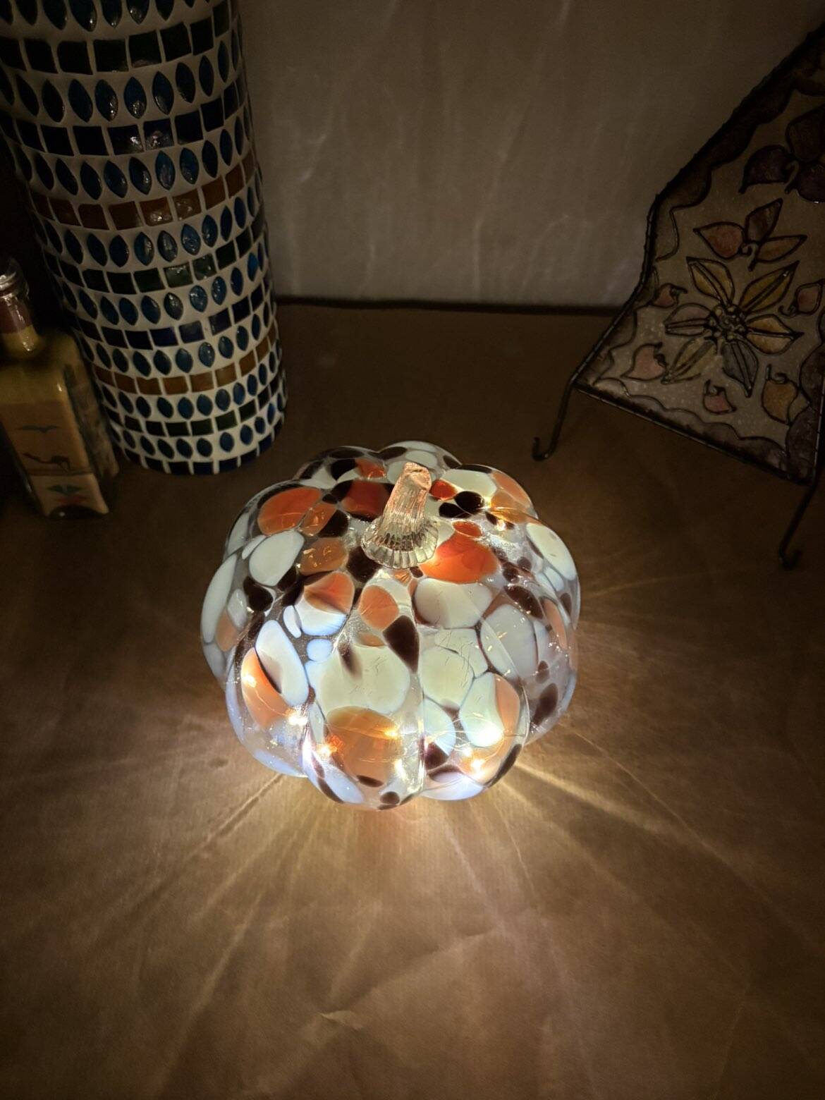 White, orange & brown glass pumpkin lamp – vintage