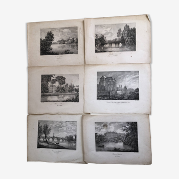Lot 6 estampes 1820 : loiret orleans st mesmin la source moulin chateau dessin dumas, gravé langlume
